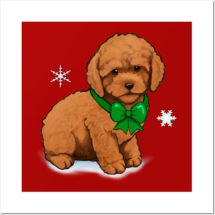 Apricot Poodle Puppy in Green Bow at Christmas Posters and Art